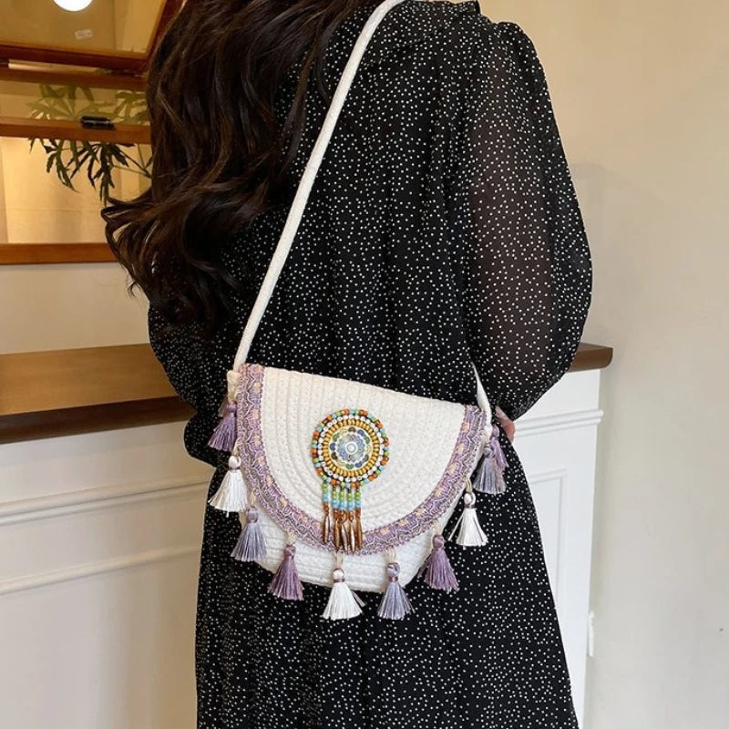 Bohemian Woven Crossbody Bag with Colorful Bead & Tassel