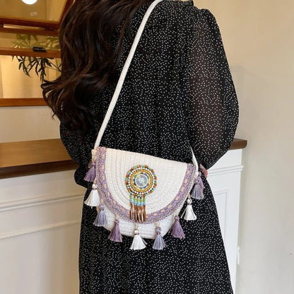 Bohemian Woven Crossbody Bag with Colorful Bead & Tassel