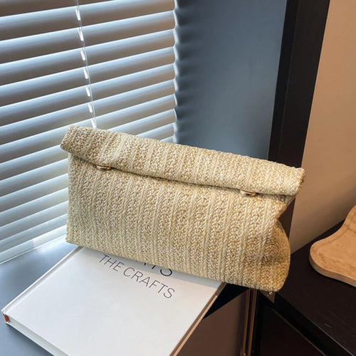 Vacation Wallet Solid Color Woven Straw Flip Bag Large Capacity Portable Handbag Daily Travel