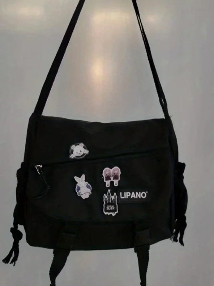 Large Capacity Nylon Messenger Bag with Bear Charm
