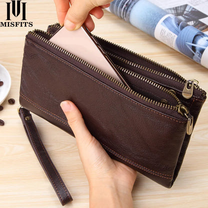 Men S Long Wallet Large Capacity Retro Real Leather Mobile Phone Thin Hand Business