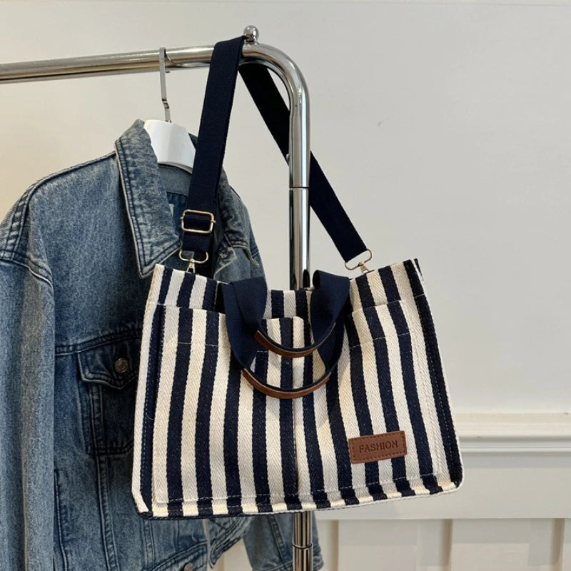 Striped Canvas Tote Bag – Lightweight Shoulder Bag for Work & Daily Use