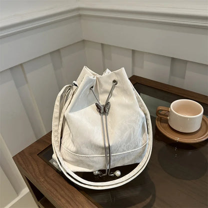 Drawstring Tote Bag Butterfly Pearl Convertible 2-In-1 Backpack Single Shoulder Purse - Soft