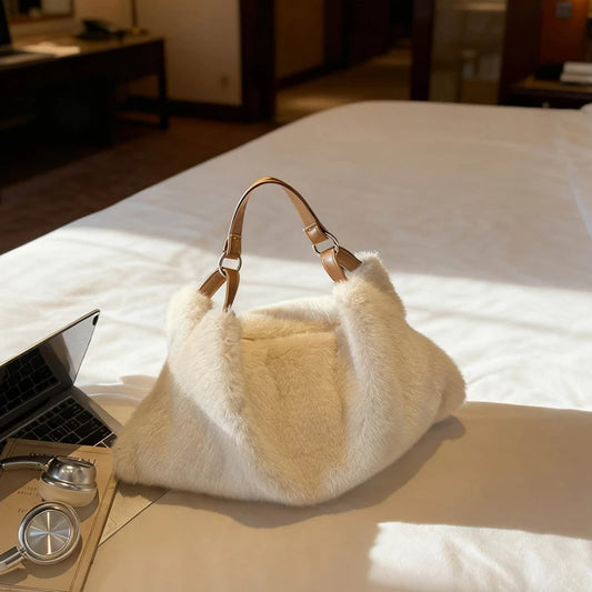 Autumn Winter Casual Tote Milk Cotton Zipper Solid Color Crossbody Bags Large Capacity Women S