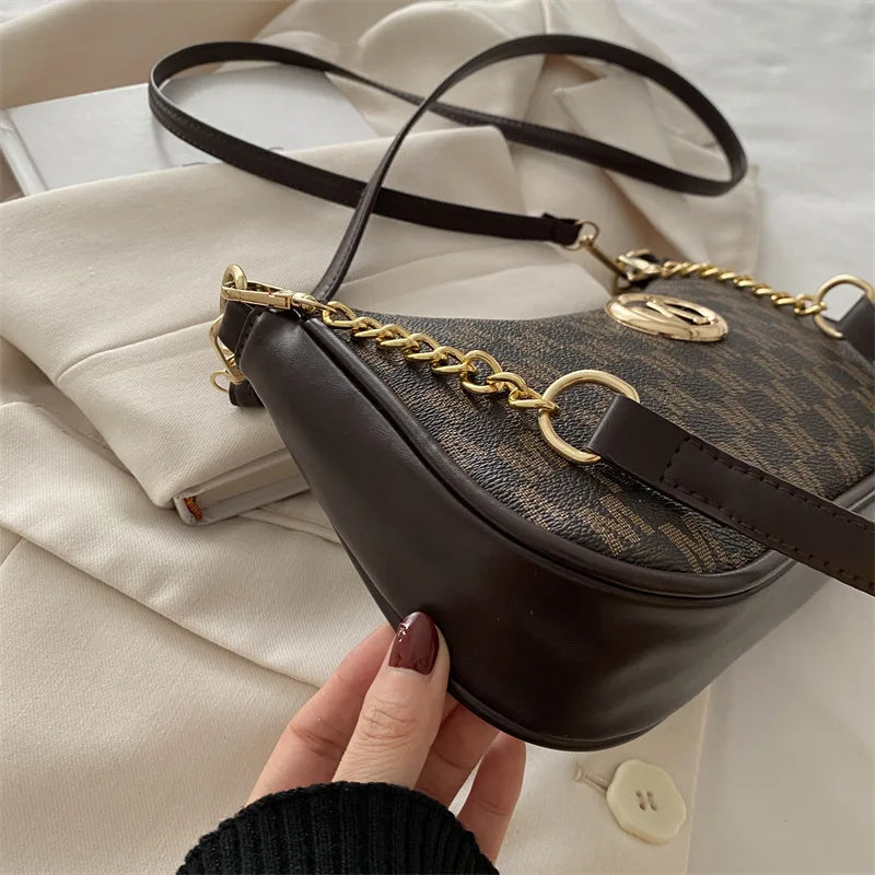 Crossbody Shoulder Bag with Gold M Logo & Chain Strap