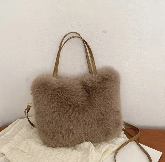 Faux Fur Handbag with Detachable Strap - Plush Tote Bag