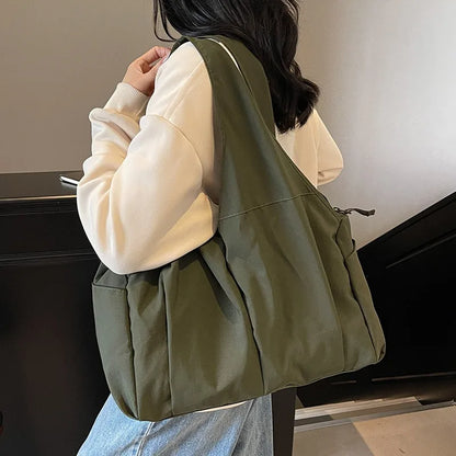 Large Nylon Shoulder Tote Bag – Soft Wrinkle Travel Handbag