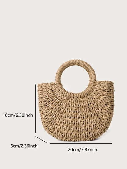 Forest Style Handmade Straw Woven Handbag Half Circle Beach Diagonal Cross Bag Bohemianstyle