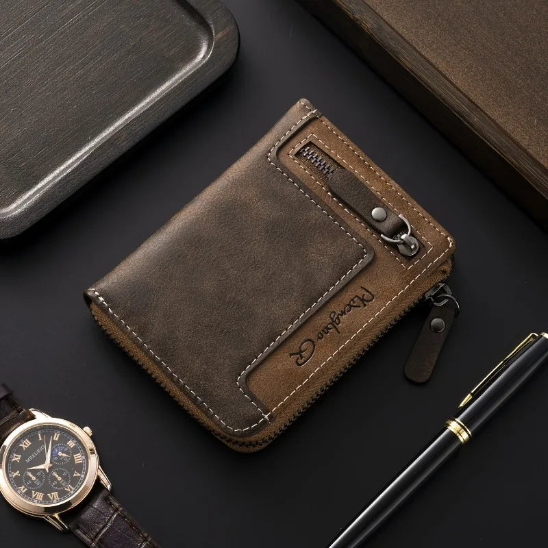 Men's Leather Bifold Wallet – Multi-Card Slots & Zipper Coin Pocket