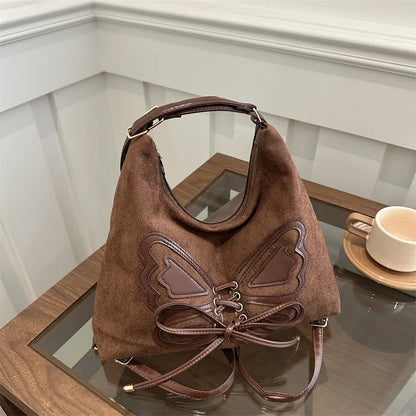 Faux Suede Tote Bag Bow Tie Backpack Chic Retro Single Handbag Women Shoulder Messenger Bag