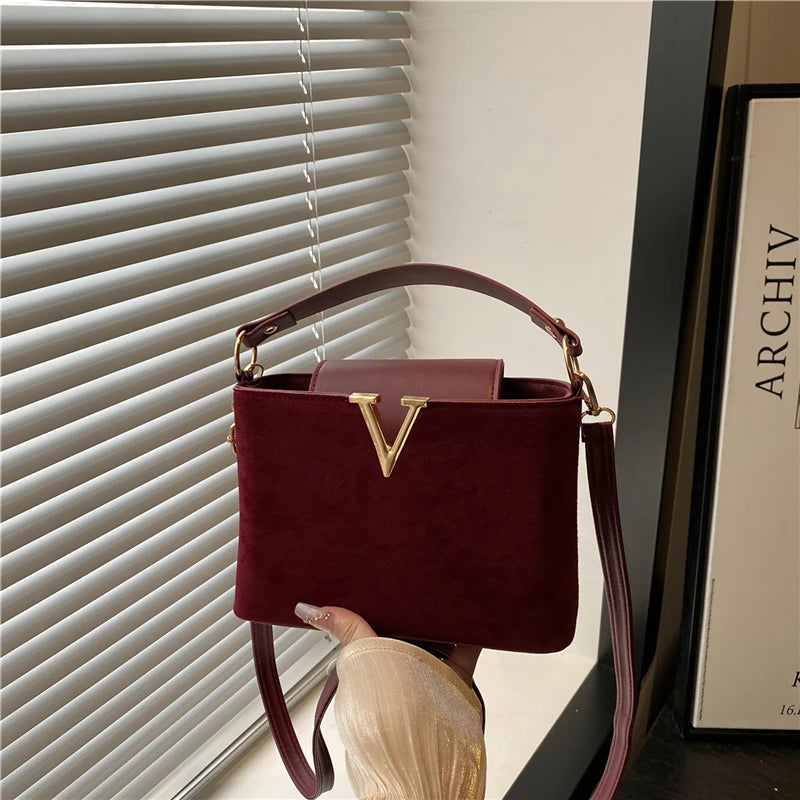 Mini Suede Crossbody Bag with Gold V-Buckle