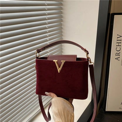 Mini Suede Crossbody Bag with Gold V-Buckle
