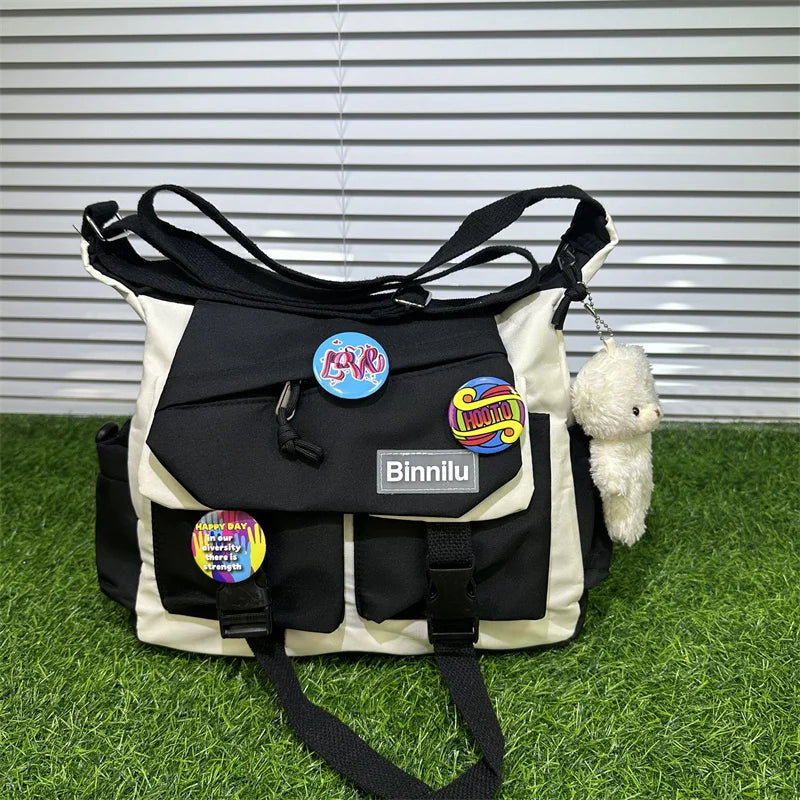 Men's Crossbody Shoulder Bag with Badge Bear Charm – School & Travel