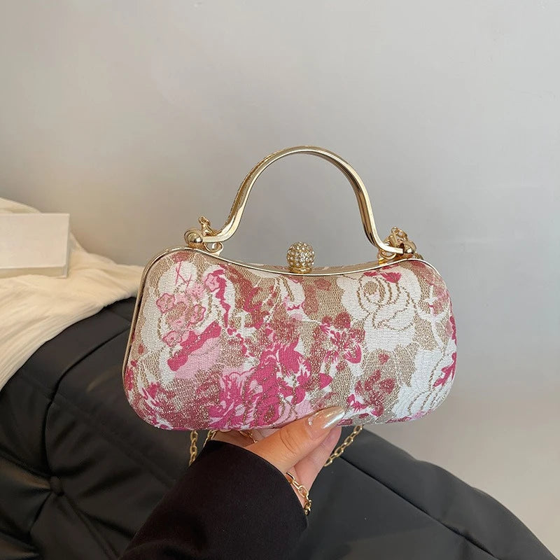 Floral Tapestry Box Clutch Bag with Gold-Tone Hardware & Detachable Chain