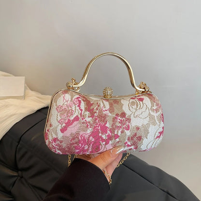 Floral Tapestry Box Clutch Bag with Gold-Tone Hardware & Detachable Chain