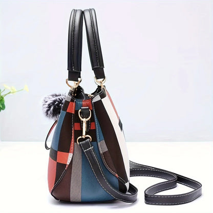 Plaid Small Tote Bag Ball Decoration Multi Layer Handbag Shoulder Crossbody Women Date Party Student