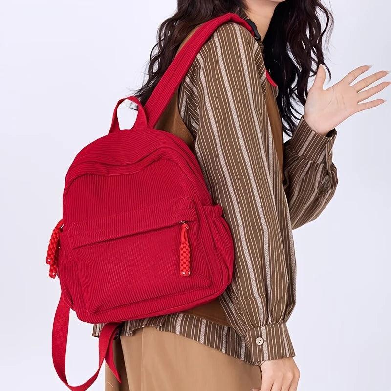 Daily Soft Corduroy Small Backpack Drawstring Decor Design - Soft