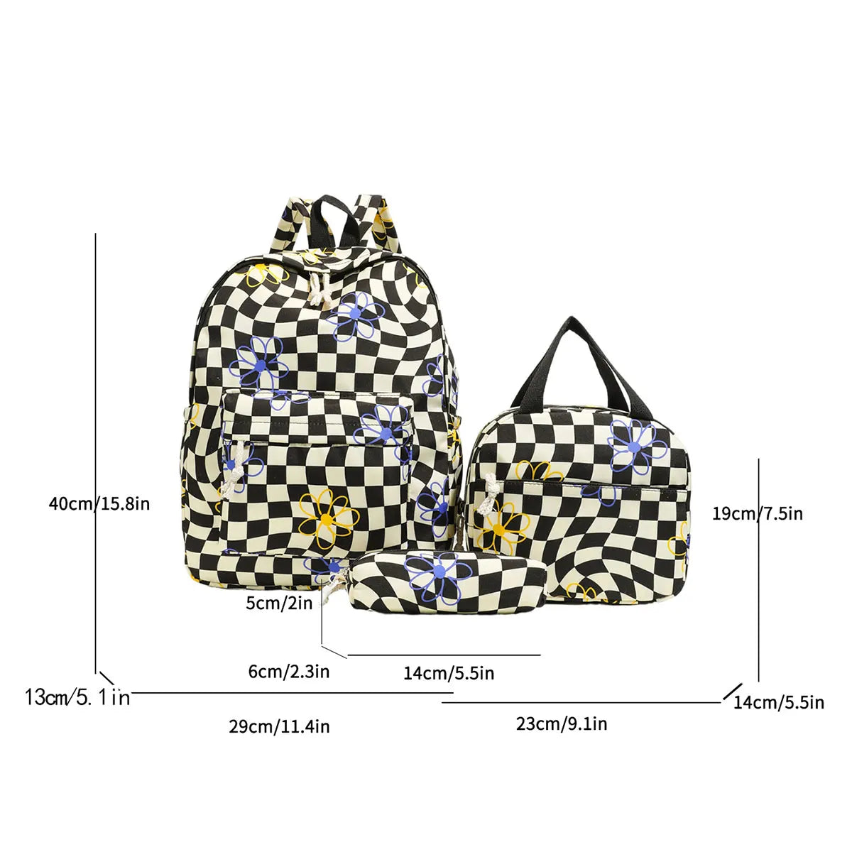 Dopamine Checkerboard Floral Print Three Piece Backpack Set Lightweight