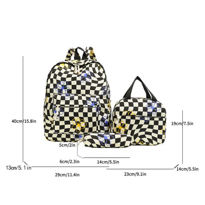 Dopamine Checkerboard Floral Print Three Piece Backpack Set Lightweight