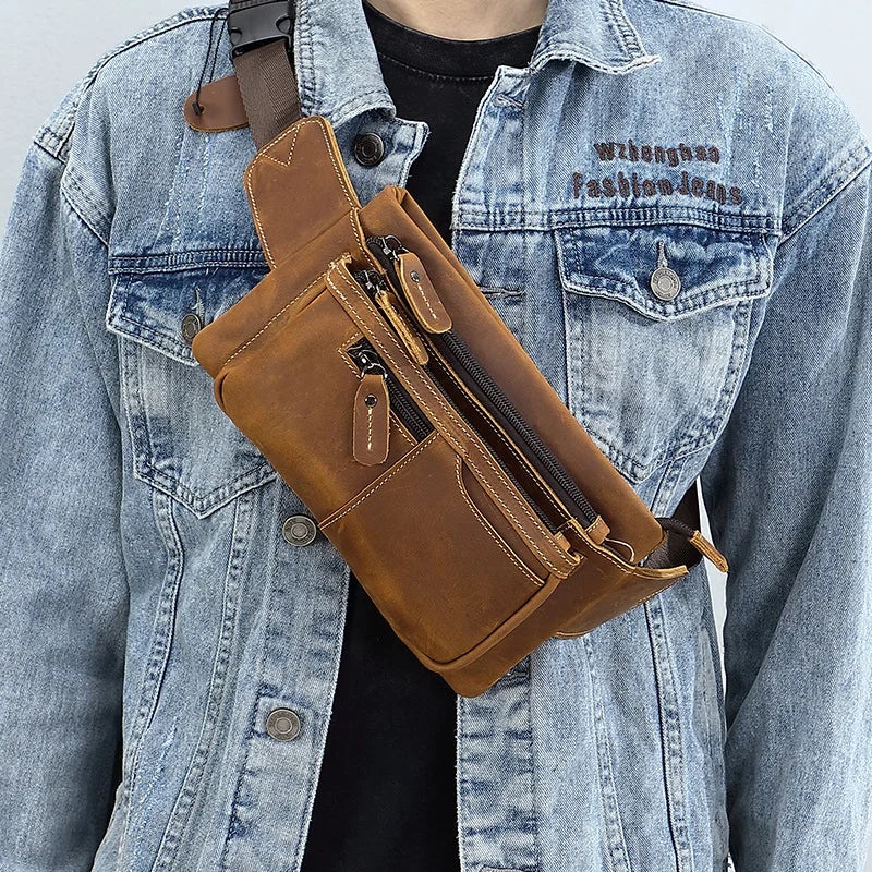 Chest Bag Retro Men S Leather Waist Outdoor Sports Cowhide Satchel Scooter Multi-Function Waterproof