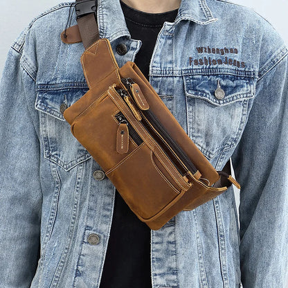 Chest Bag Retro Men S Leather Waist Outdoor Sports Cowhide Satchel Scooter Multi-Function Waterproof