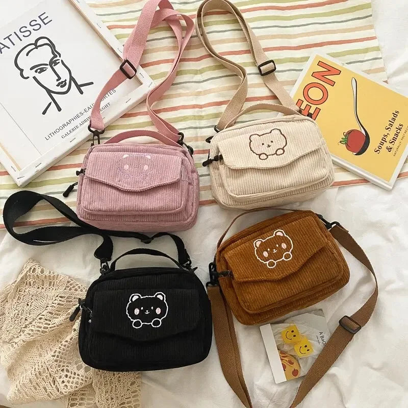 Teddy Bear Embroidered Corduroy Crossbody Bag for Teens
