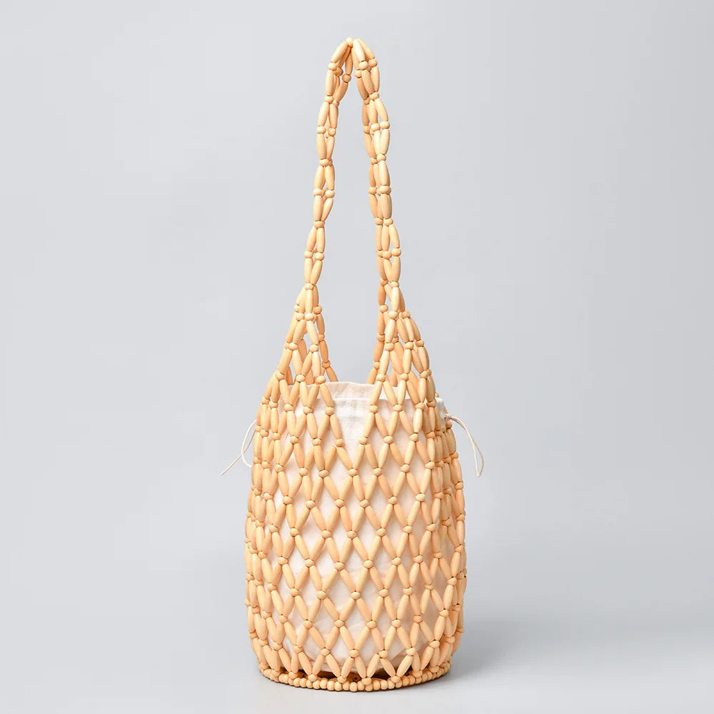 Handmade Woven Beaded Bucket Bag Contrast Color Mesh Shoulder Tote Casual Beach Vacation Handbag
