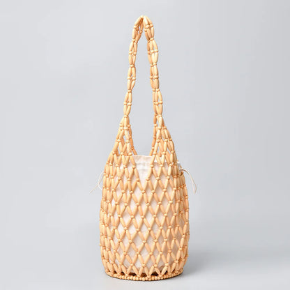 Handmade Woven Beaded Bucket Bag Contrast Color Mesh Shoulder Tote Casual Beach Vacation Handbag
