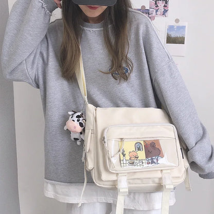 Kawaii Japanese Nylon Crossbody Bag with Transparent Pin Pocket
