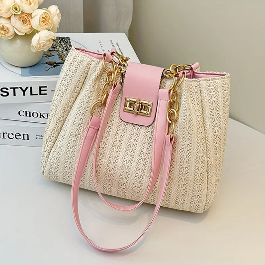 Woven Shoulder Bag for Women – Chain Strap & Flap Closure