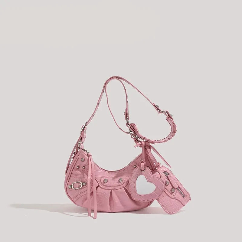 Motorcycle Bag Underarm Rivet Tassel Three-In-One Crescent Folded Cowhide Single Shoulder Slant