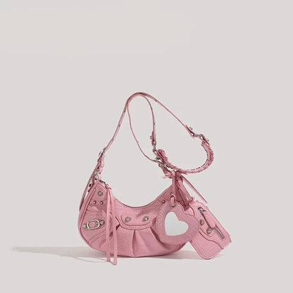 Motorcycle Bag Underarm Rivet Tassel Three-In-One Crescent Folded Cowhide Single Shoulder Slant