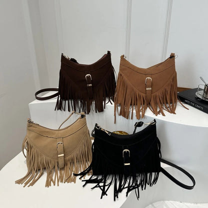 Suede Tassel Shoulder Bag for Women – Boho Fringe Crossbody