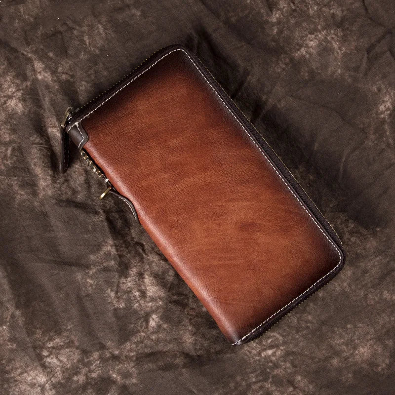 Vintage Men S Wallet Long Zipper Genuine Leather Hand-Held Multi-Functional Cowhide