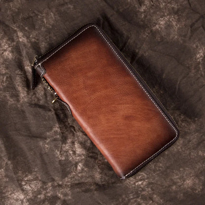 Vintage Men S Wallet Long Zipper Genuine Leather Hand-Held Multi-Functional Cowhide