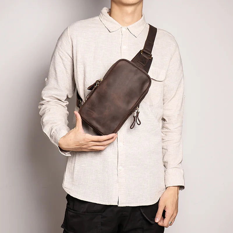 Men S Leather Breast Bag Women Crazy Horse Cross Body Large Capacity One Shoulder Cowhine