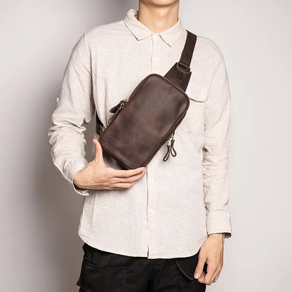 Men S Leather Breast Bag Women Crazy Horse Cross Body Large Capacity One Shoulder Cowhine