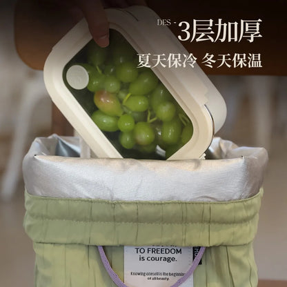 Lightweight Polyester Color-Blocking Hand-Held Insulated Lunch Box Bag Commuting Drawstring