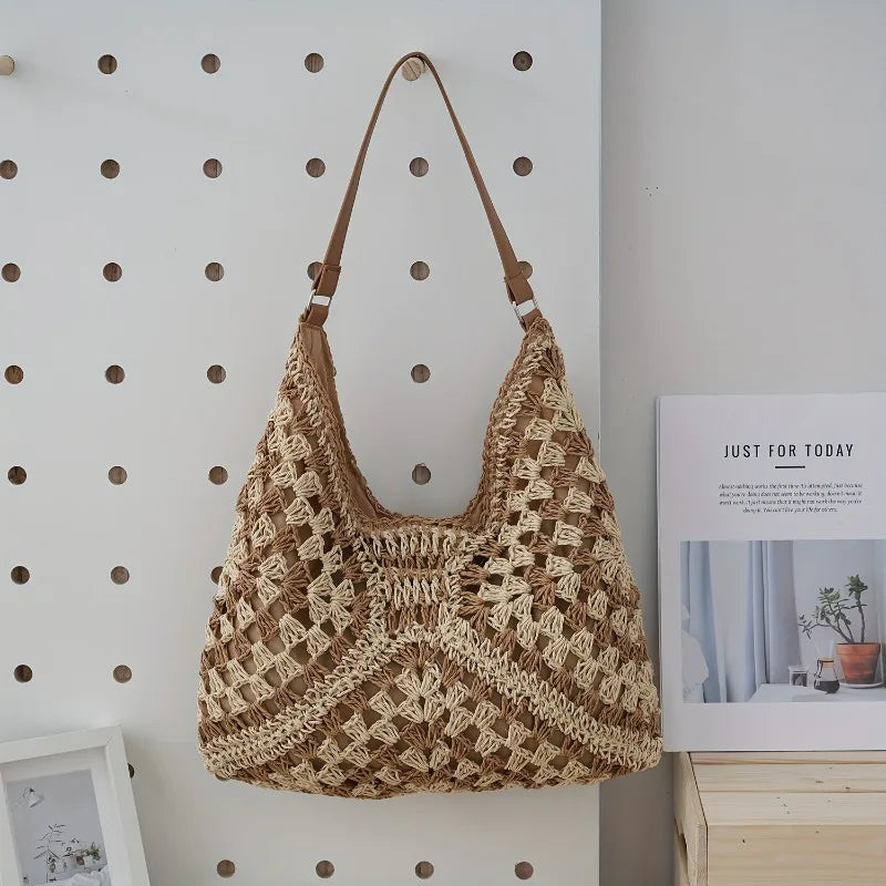 Crochet Straw Tote Bag for Women – Boho Woven Shoulder Handbag