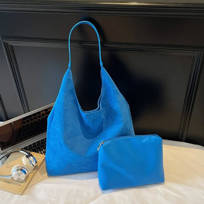 Faux Suede Tote Bag with Makeup Pouch – Large Capacity Women's Shoulder Bag