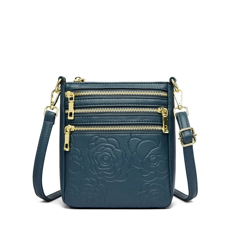 Triple Zipper Crossbody Bag – Floral Embossed Leather Shoulder Bag