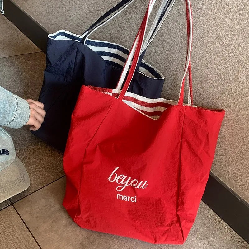 Striped Canvas Tote Bag – Double-Sided Large Shoulder Bag for Women