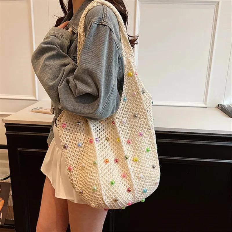 Summer Commuting Woven Bag Women Single Armpit Large Capacity Tote Bag Beach Pearl Hollow Handbag