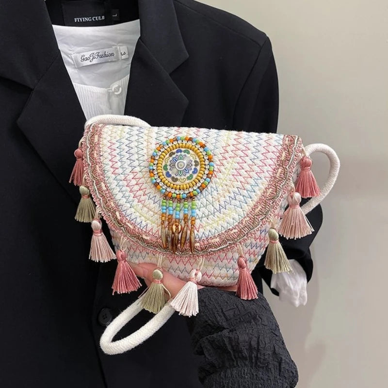 Bohemian Woven Crossbody Bag with Colorful Bead & Tassel