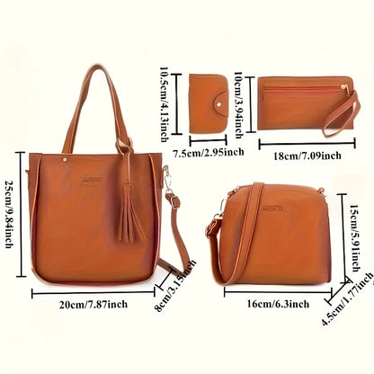 4-Piece Women's Leather Tote Handbag Set with Crossbody & Wallet