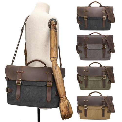 Men S Women Casual Canvas Crazy Horse Leather Spliced Large-Capacity Waterproof Travel