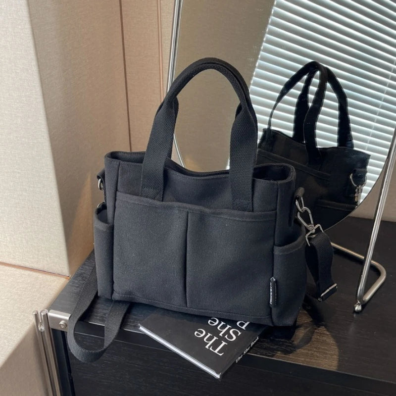 Canvas Tote Bag with Crossbody Strap & Multi-Pocket
