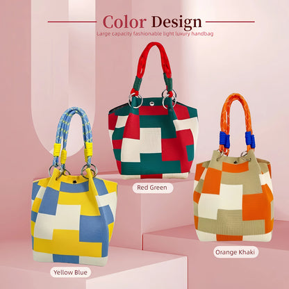 Color Block Tote Bag for Women – Lightweight Woven Handbag with Top Handle