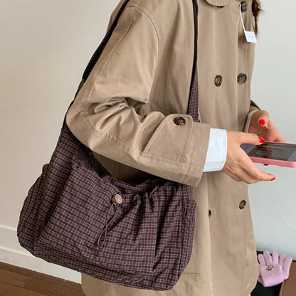 Korean Nylon Shoulder Bags Simple Plaid Zipper Tote Drawstring Pleated Cloud Commuter Crossbody Bag