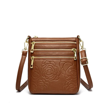 Triple Zipper Crossbody Bag – Floral Embossed Leather Shoulder Bag